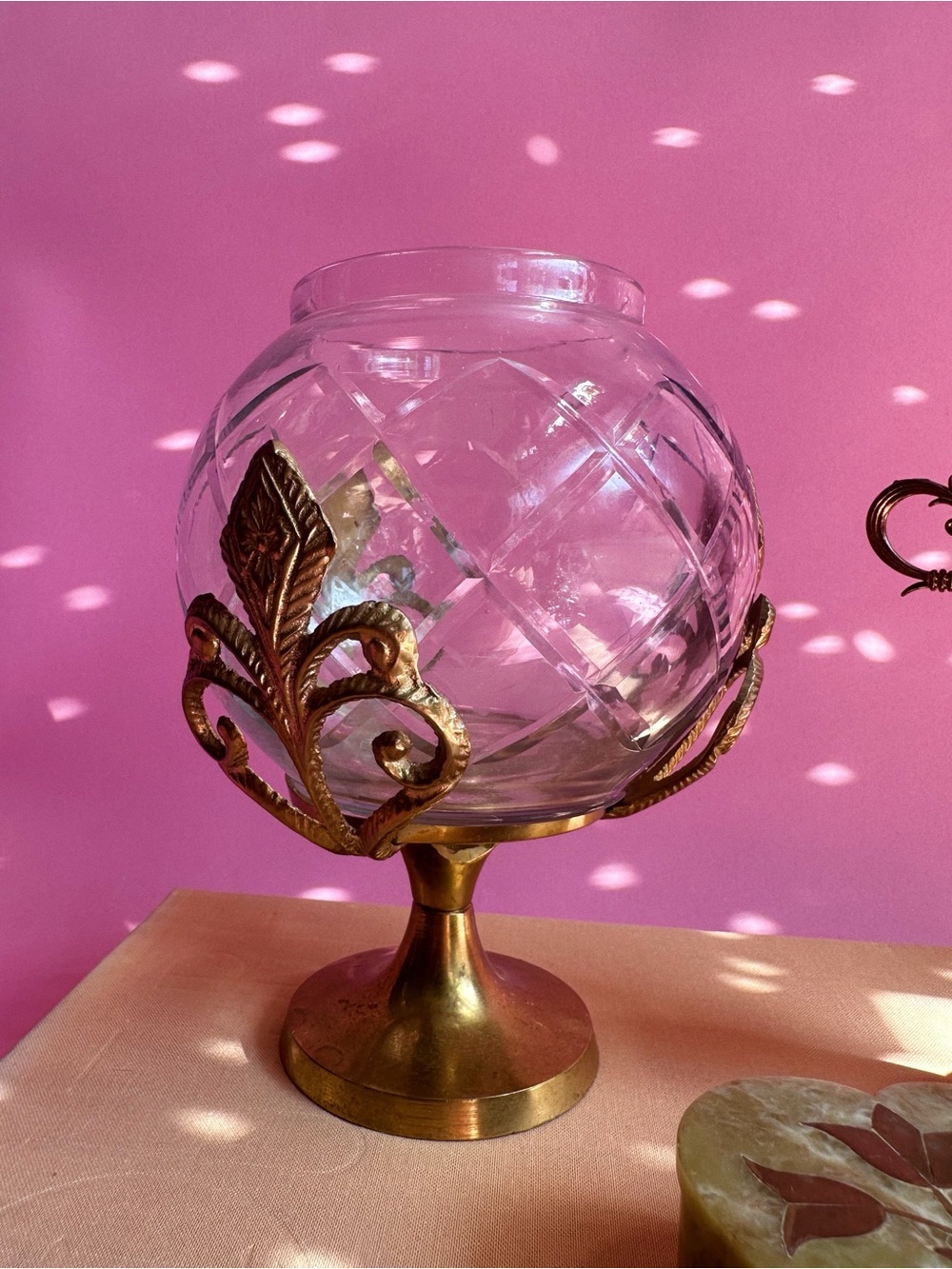 Vintage Brass Crystal Globe Vase on Pedestal - Decorative Home Accent